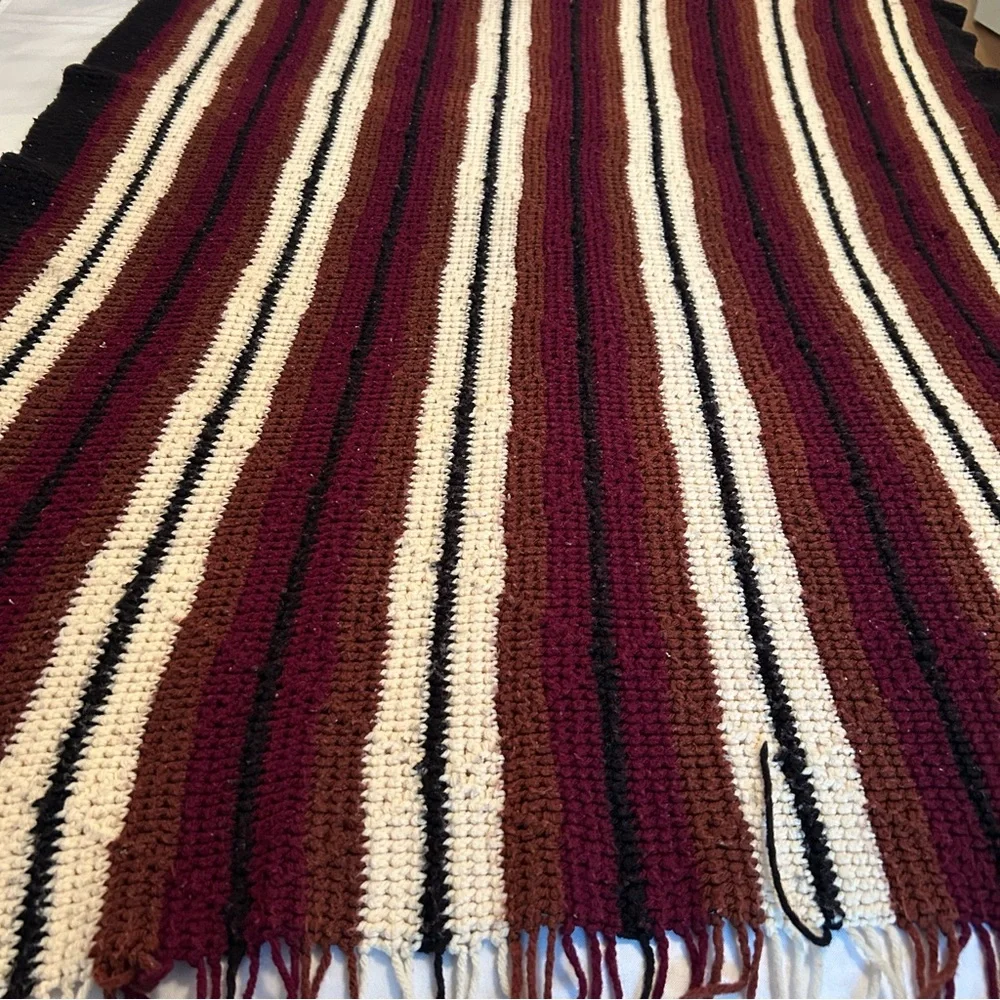 Vintage Crochet Brown Cream Stripe Handmade Blanket Throw Afghan with fringe